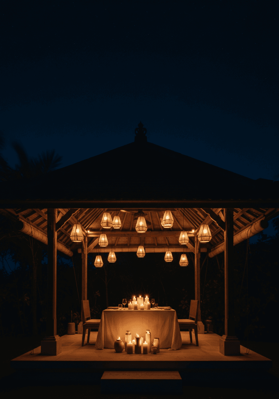 A pavilion lit by warm lanterns at night