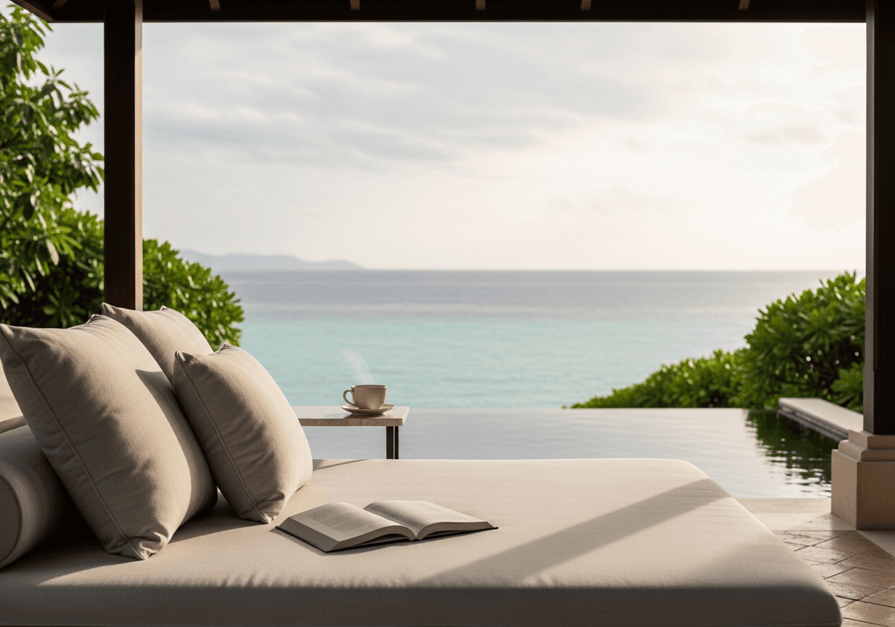 A villa daybed under a tropical pavilion overlooking the ocean