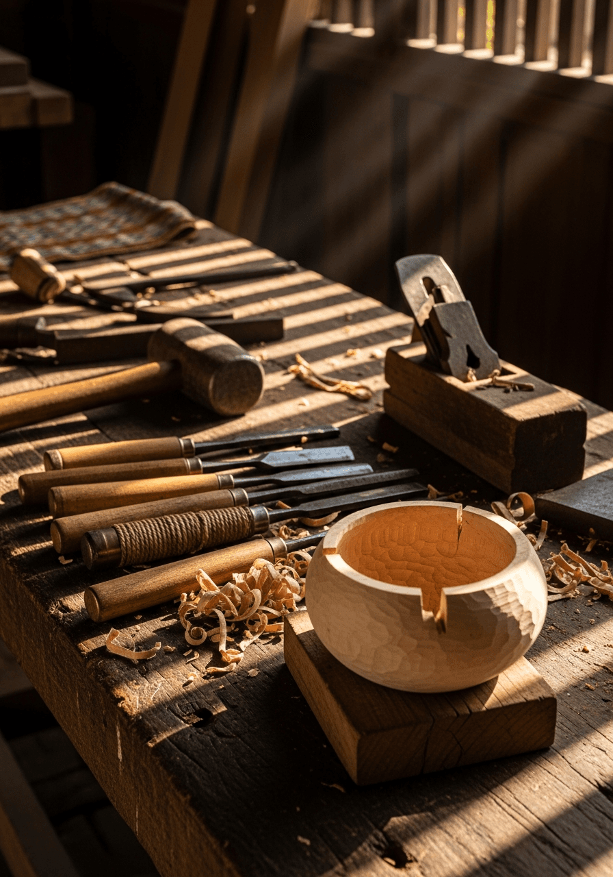A craftsman’s workbench with hand tools and a partially carved wooden bowl