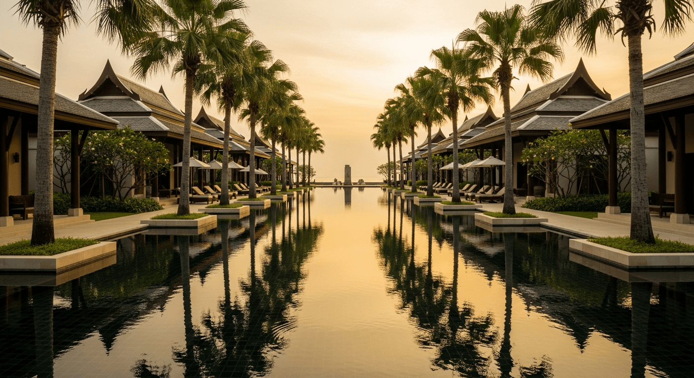The grounds of a luxury tropical resort at golden hour, with reflection pool and palms