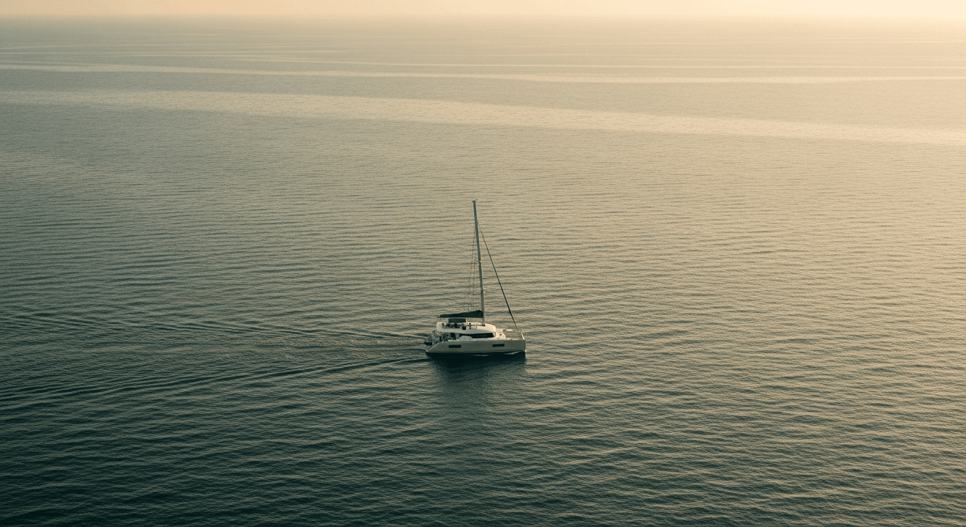 A catamaran on still water at golden hour off Koh Samui