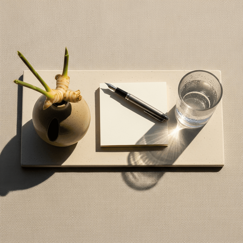 A galangal sprig in a Thai ceramic vessel beside a notepad and pen