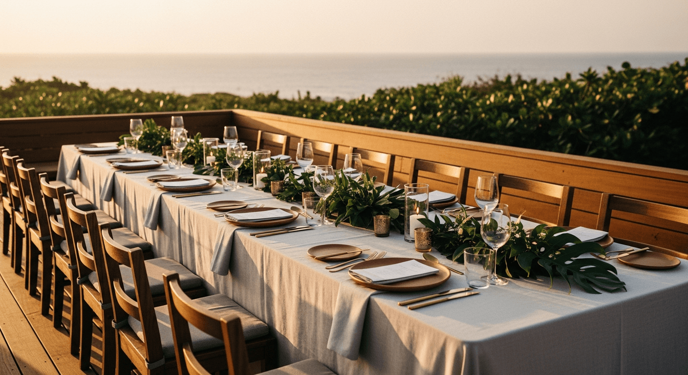 Long banquet table set on a wooden deck overlooking the ocean at sunset