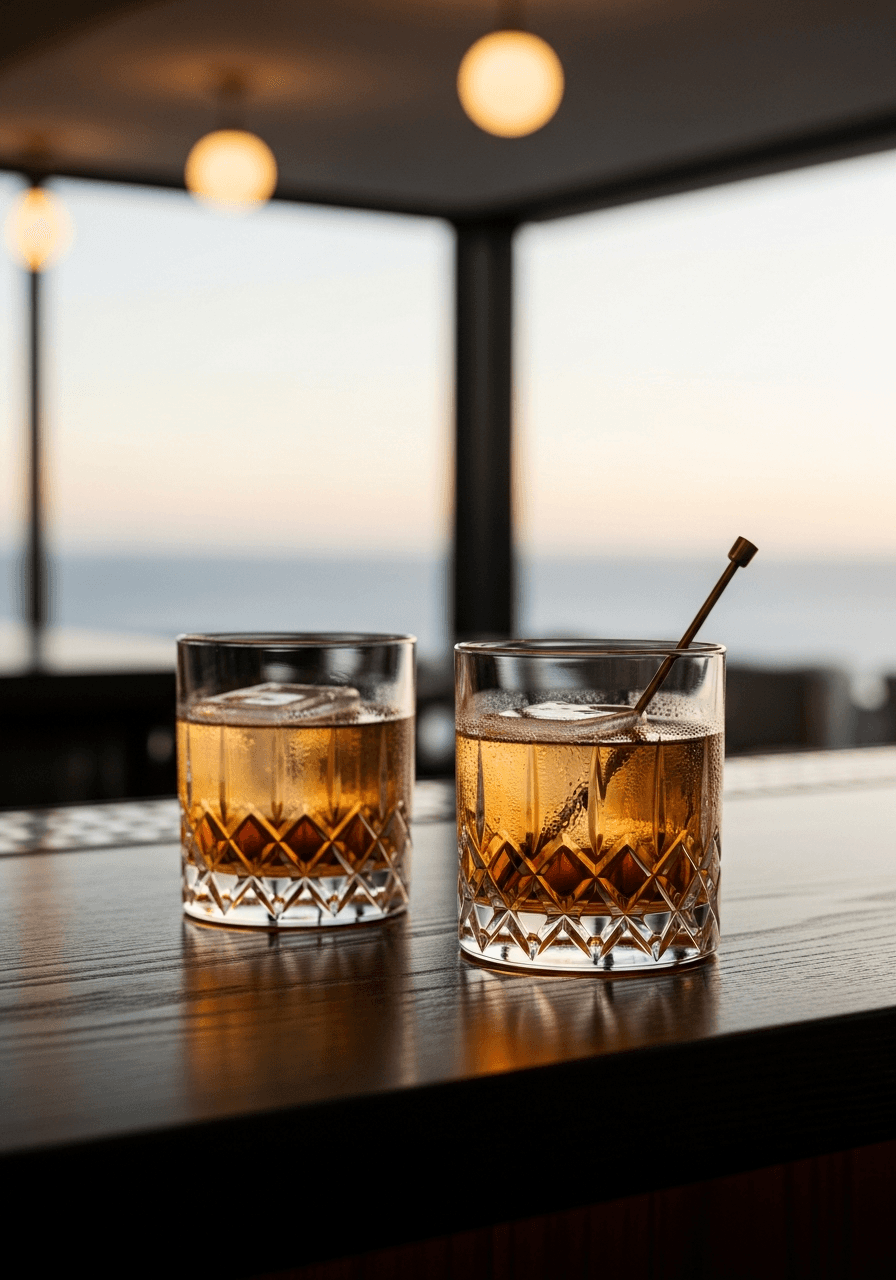 Two cocktails on a polished bar at dusk