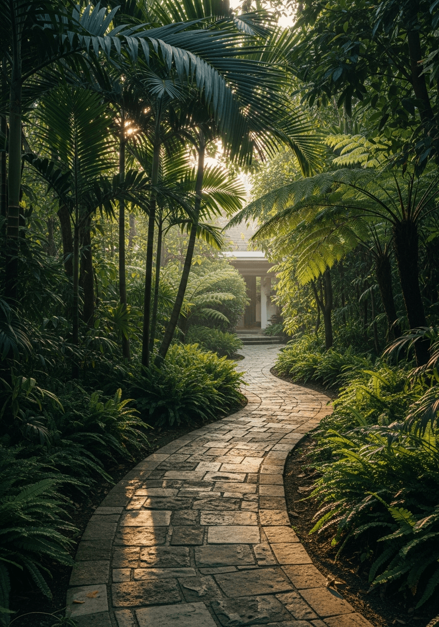 A tropical garden path through ferns and palms