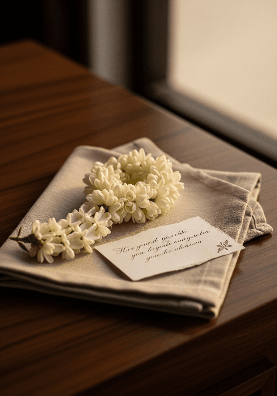 A jasmine garland on a folded linen napkin