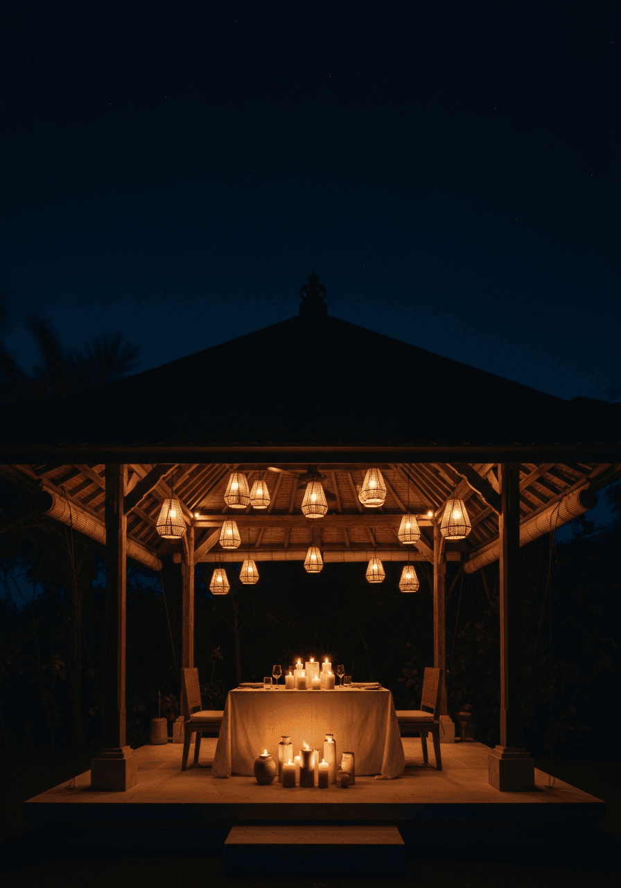 A pavilion lit by warm lanterns at night