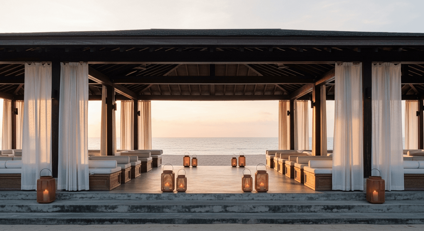 A beachside pavilion at golden hour