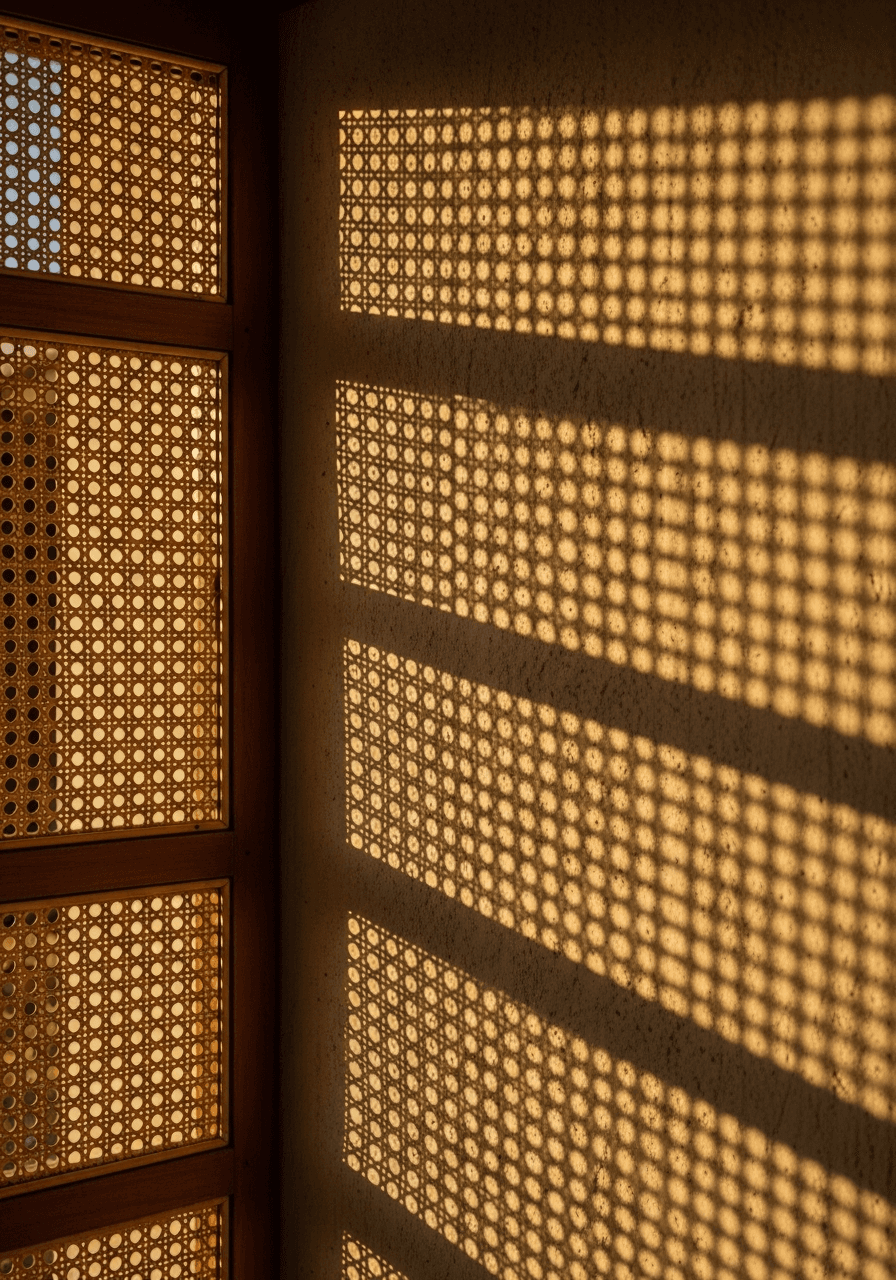 Sunlight through rattan, casting geometric shadows