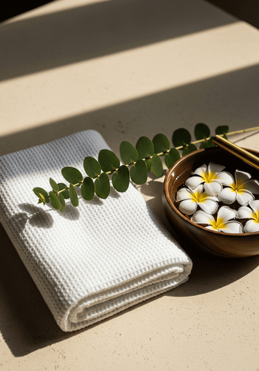 A considered spa setup with petals and eucalyptus