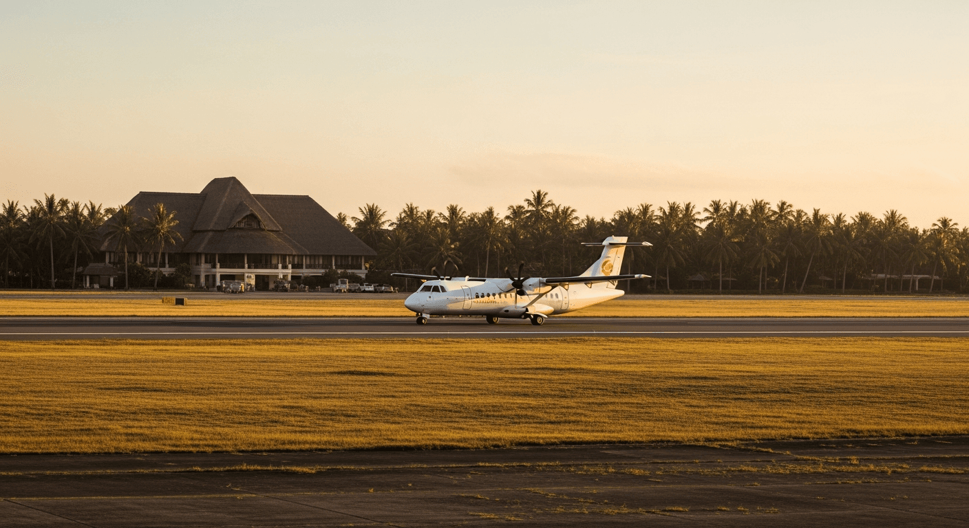An aerial view of a Bangkok Airways aircraft taxiing at golden hour