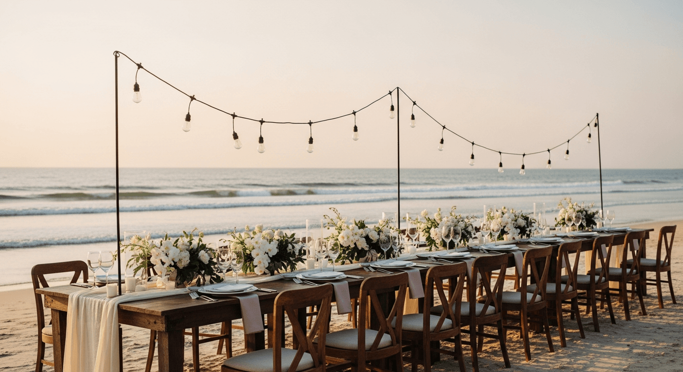 A long banquet table set on a wooden deck overlooking the ocean at sunset
