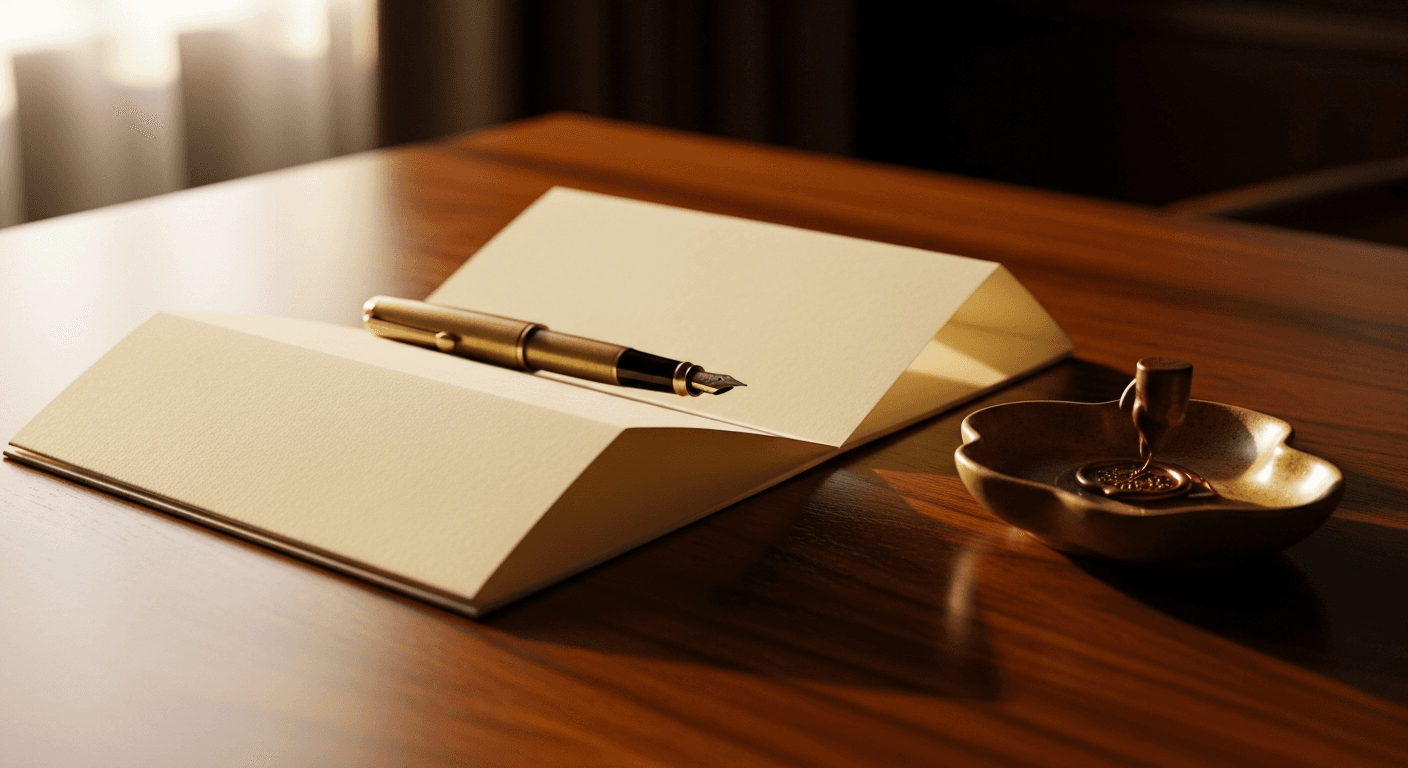 A folded contract page on a polished dark teak desk with a fountain pen at golden hour