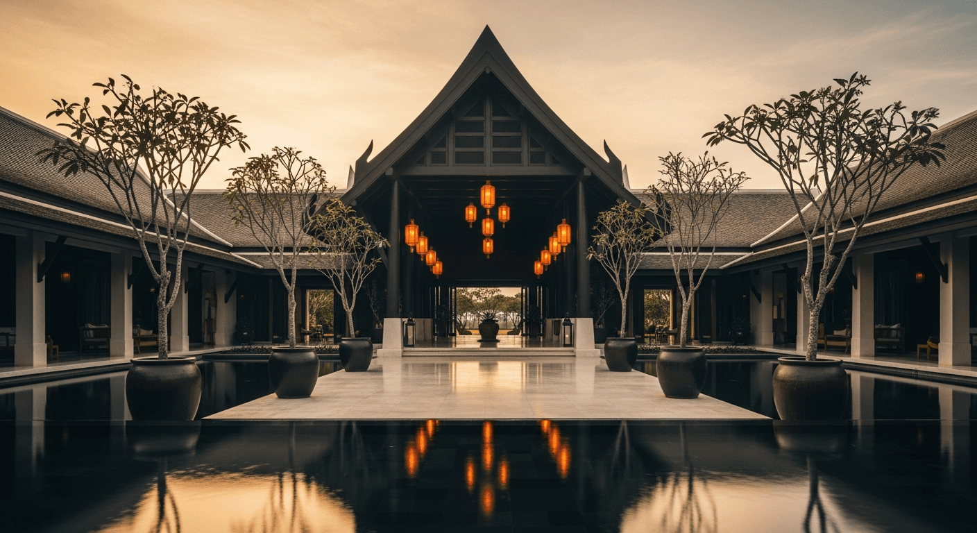 A long teak-columned colonnade leading to a lit pavilion at a five-star tropical resort at golden hour