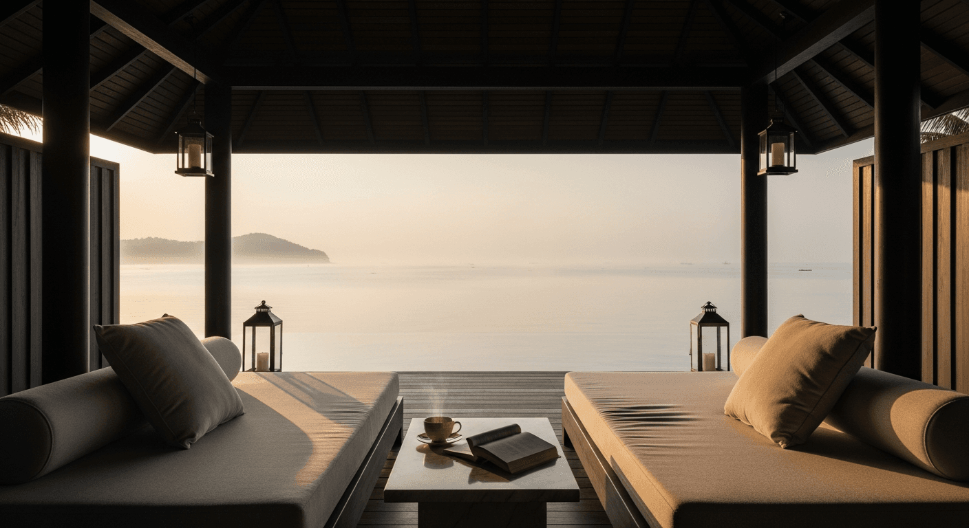 A private tropical pavilion with bone-linen daybeds overlooking calm ocean at first light