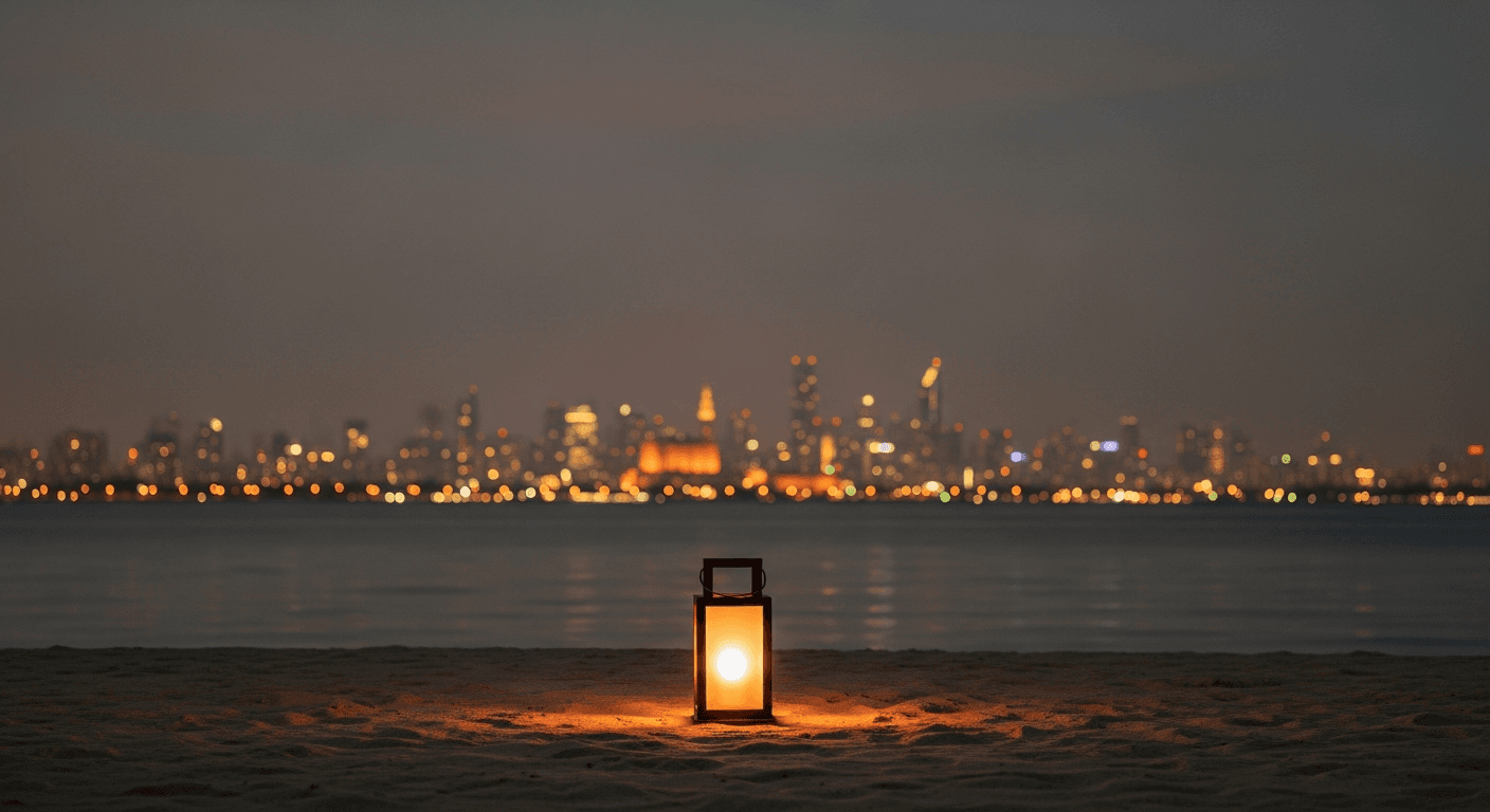 A single beach lantern in the foreground with a distant city skyline at twilight