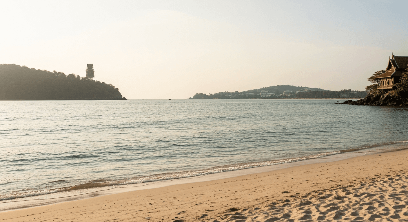 A quiet bone-colored beach at golden hour with two distant island silhouettes