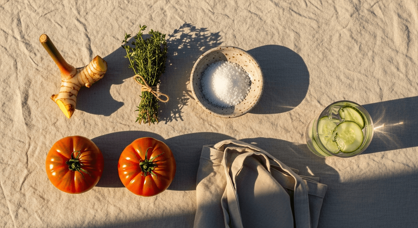 A still life of fresh organic ingredients on a bone-colored linen surface in soft natural light