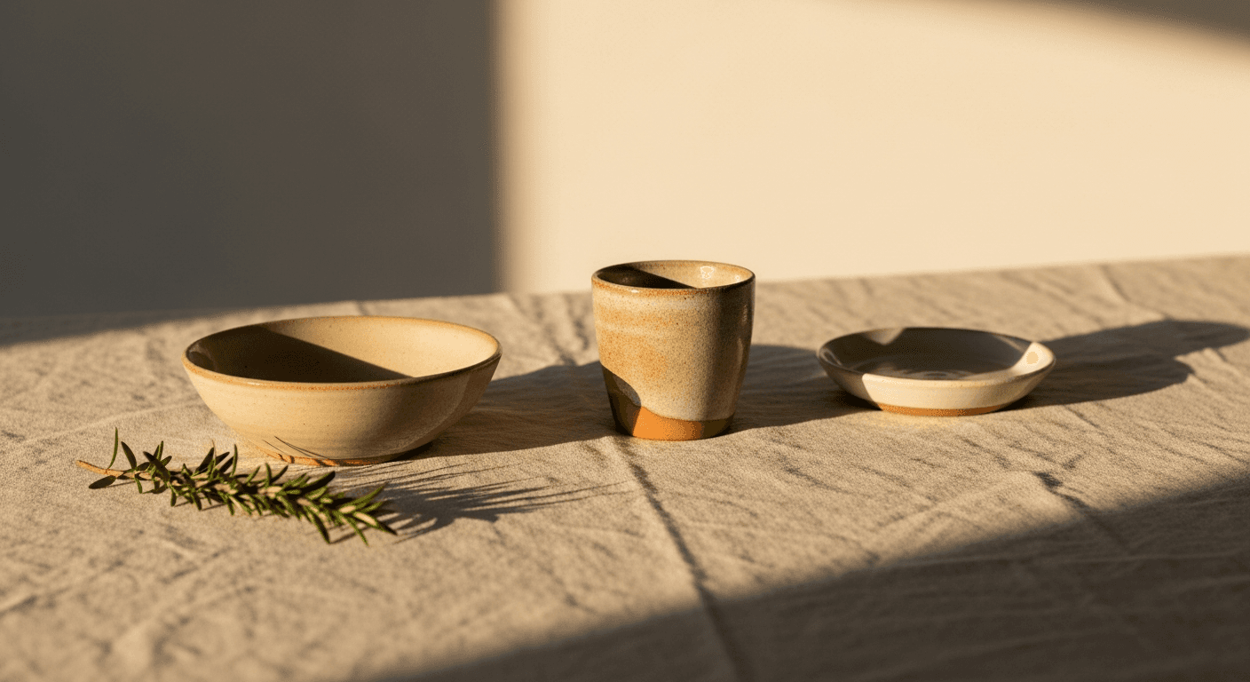 Three small ceramic vessels arranged in a line on bone-colored linen in soft daylight