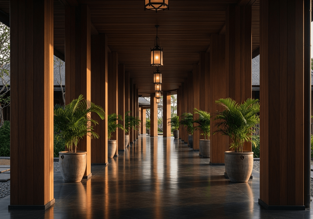 A covered walkway lined with teak columns and lanterns at a tropical resort