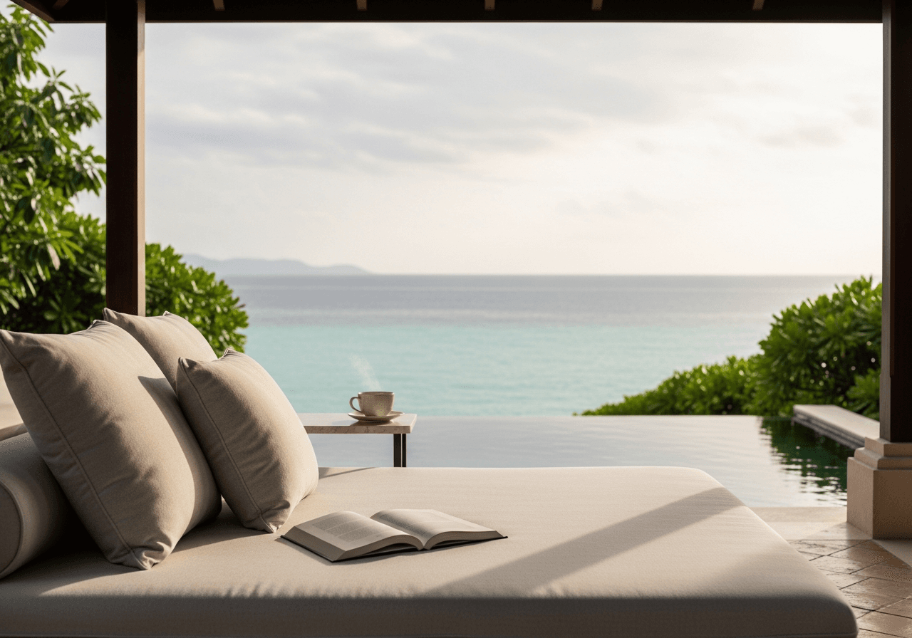 A villa daybed under a tropical pavilion overlooking the ocean