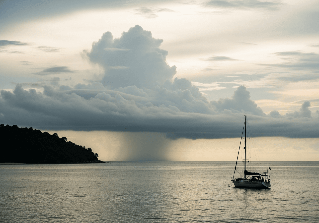 A monsoon shower passing across the ocean off Koh Samui at dusk