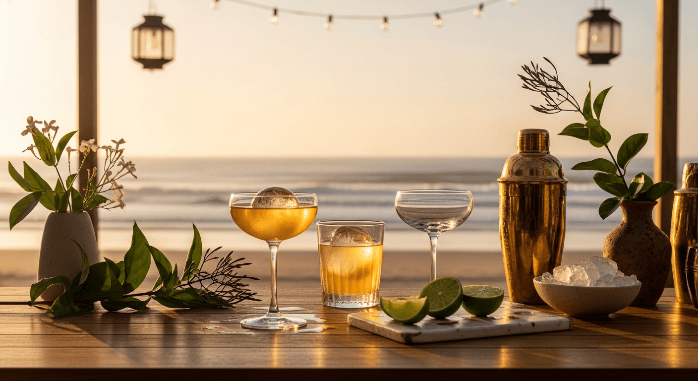 A beachfront cocktail reception at sunset with a polished teak bar and a small group in semi-formal linen wear in conversation in the soft-focus distance