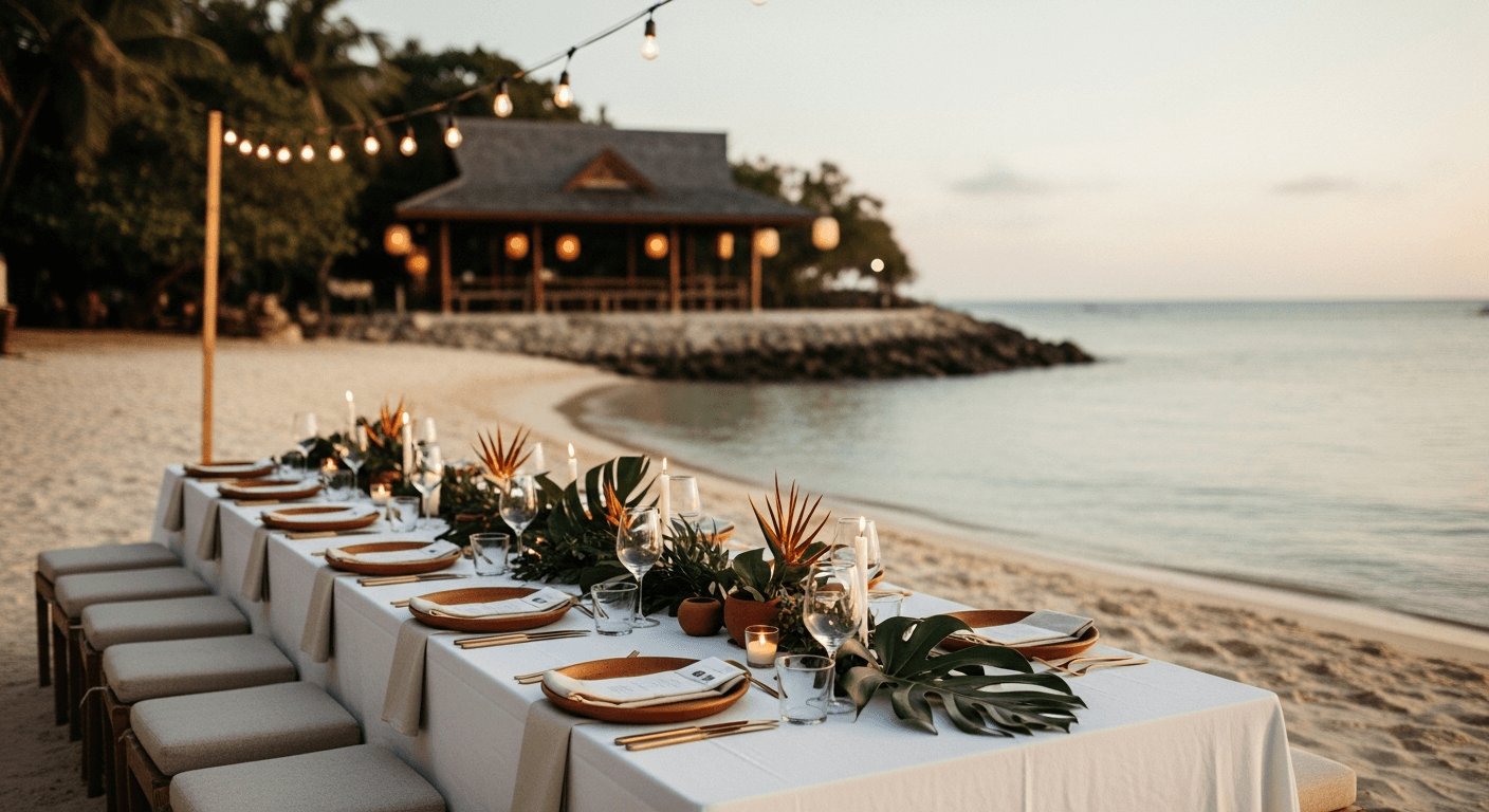 A small group of figures with backs to camera walking along a quiet bone-colored beach at golden hour with a teak beachfront pavilion in the distance