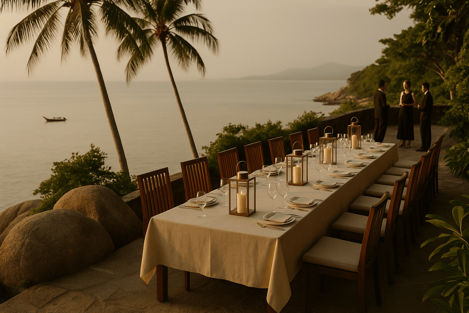 A lantern-dressed awards dinner table on a Koh Samui cliff-top terrace at golden hour, framed by coconut palms and granite boulders, with a longtail boat on the water below