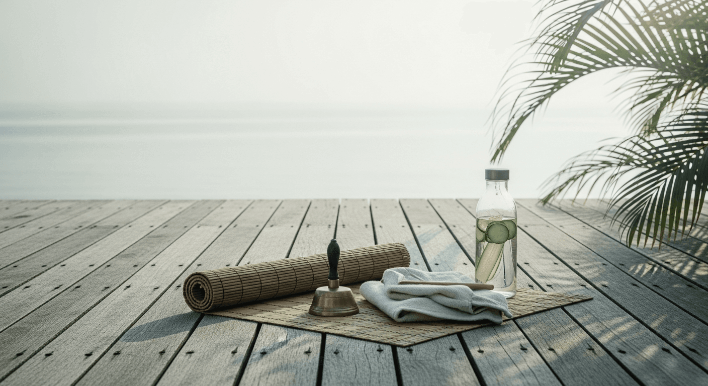 A solitary figure in flowing linen and a wide-brimmed hat standing on a teak deck overlooking the misty ocean at first light