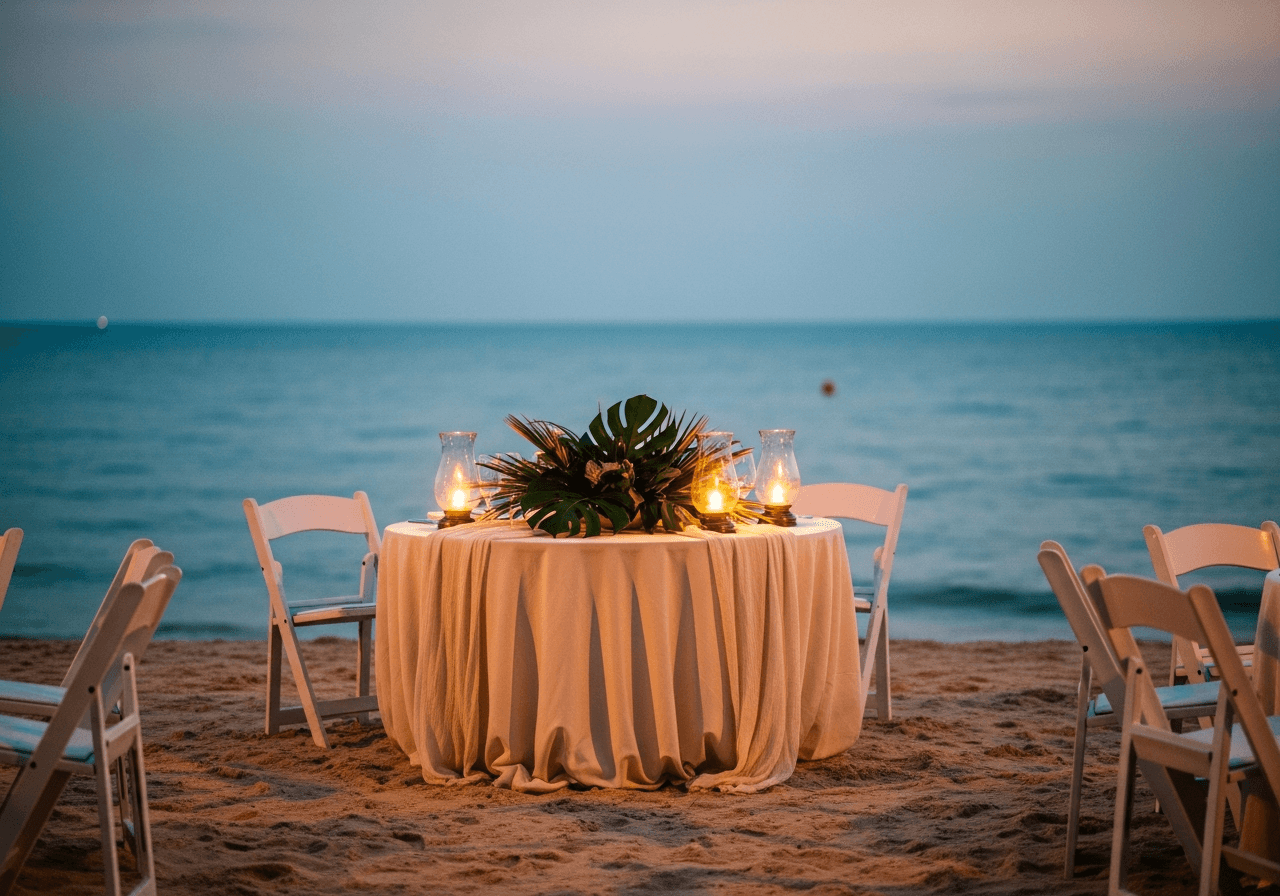 A beach event setup at dusk with white linens, lanterns, and a single set table