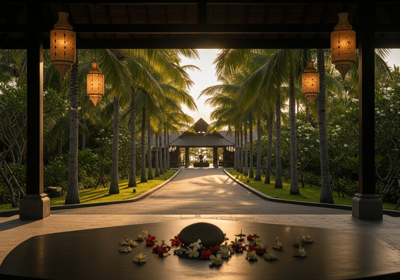 A luxury tropical hotel arrival approach at golden hour with palms and warm lanterns