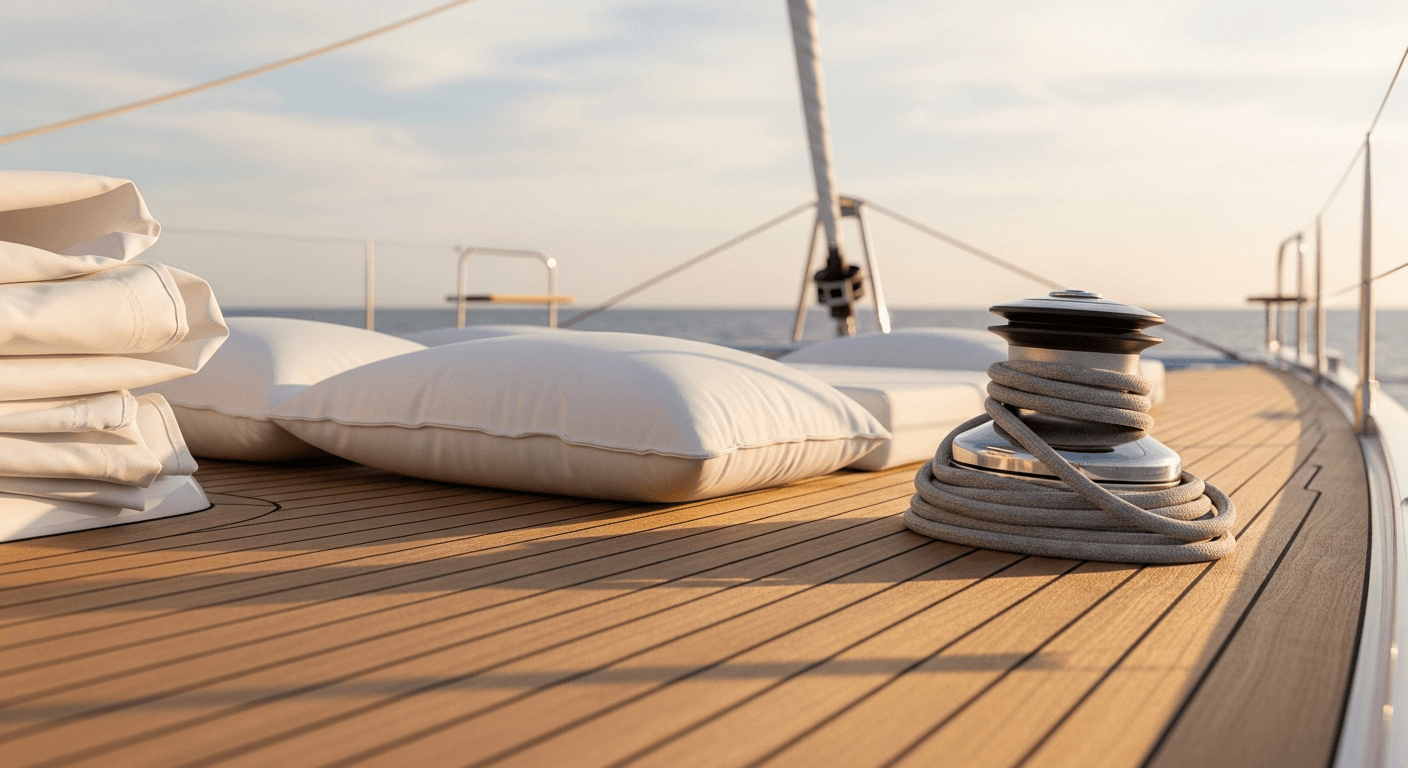 Detail of a luxury catamaran deck with varnished teak, white linen, and a brass winch