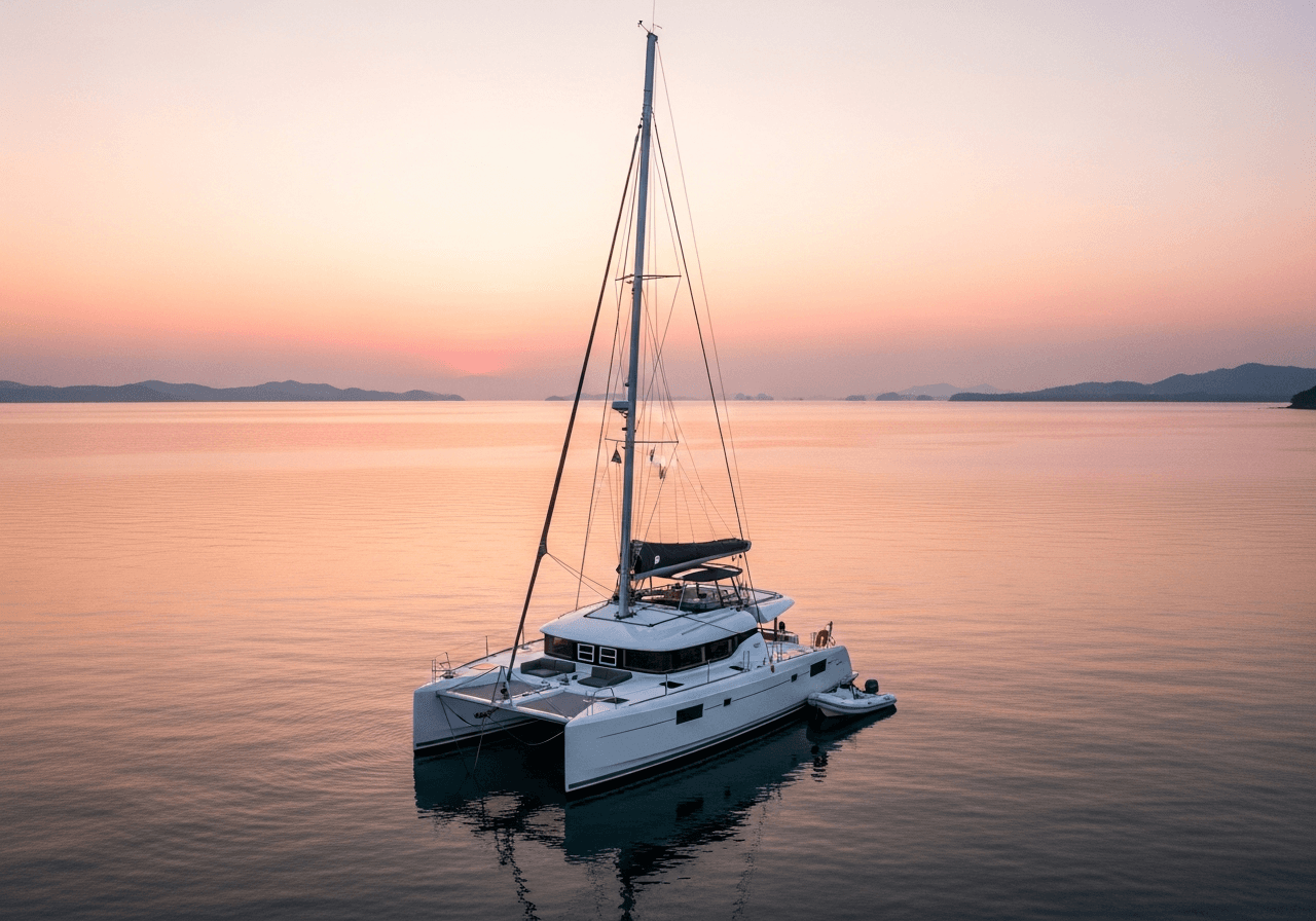 A premium catamaran moored in a calm bay at sunset