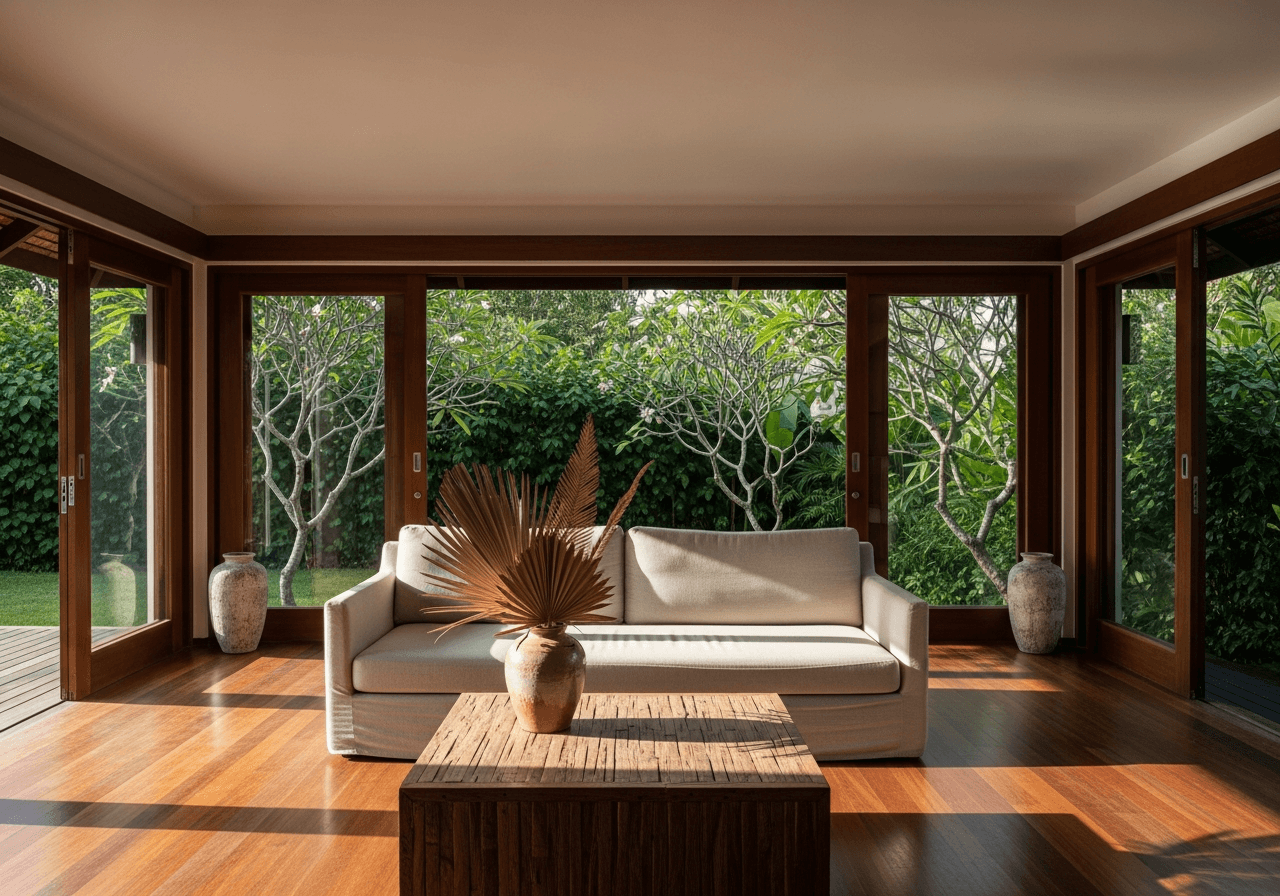 A private villa interior open to a tropical garden