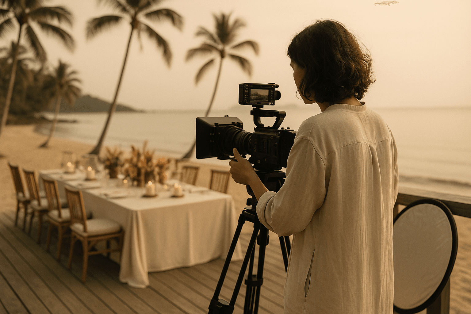 A photographer at a cinema camera on a beachfront deck at golden hour, filming a styled gala dinner table